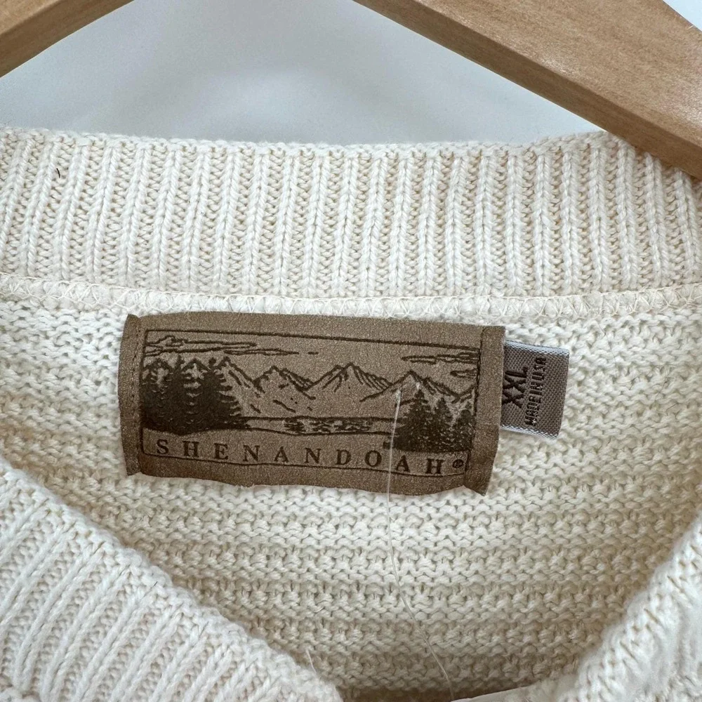 Shenandoah Vtg Cream Textured Henley Sweater Embroidered Buck Deer Cabin XXL Men